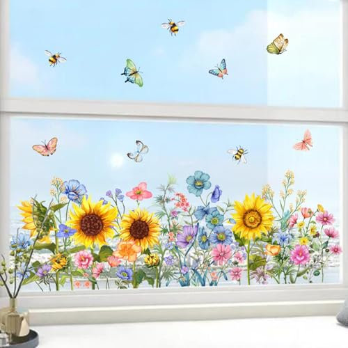 Fensteraufkleber Blumenwiese, Selbstklebend Garten Blumen Wildblumen Sonnenblume Schmetterling Sommer Fenster Fensterbilder Glas Deko Wandaufkleber für Babyzimmer Wohnzimmer Wanddeko