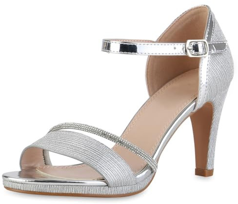 VAN HILL Damen Riemchensandaletten Stiletto Lack Party Schuhe 216539 Silber 35