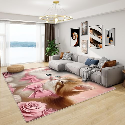 Katzenteppich Mädchen - Teppich Wohnzimmer Schlafzimmer Kawaii Katzen, Kleiner Teppich Katzenmotiv Kinderzimmer, Weich Kurzflor & Waschbar & Rutschfest Fussmatte Innen, Kinderteppich 80x150 cm