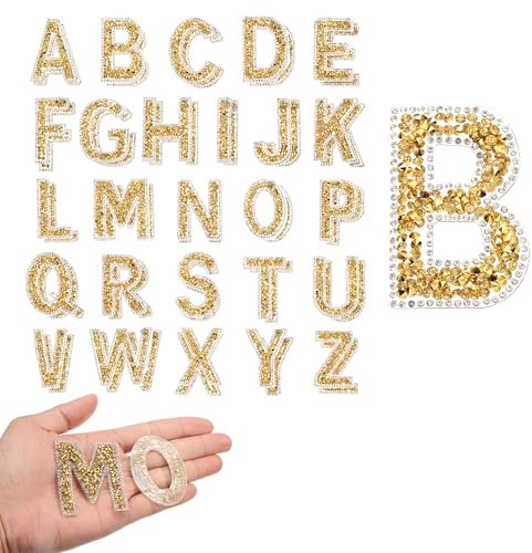 sourcing map 52pcs Pearl Rhinestone Iron on Letter Patches, A-Z Self Adhesive Glittery Rhinestone Alphabet Letter Sticker Appliques for DIY Jackets Hats Clothes Backpack, Gold