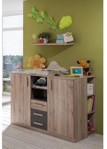Lomadox Babyzimmer Set 4-teilig in Eiche mit Graphit, inkl. Wickelkommode, Wandboard, Unterschrank Regale