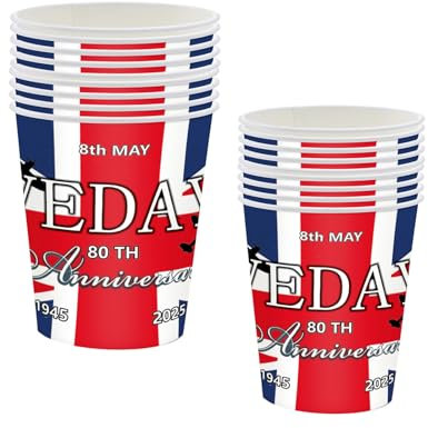 16Pcs VE Day 80th Anniversary Decorations Paper Cups, Ve Day Party Cup Table Decorations, 80 Years Victoryin Europe Party Cups for Celebrate Ve-Day 80 Years Victory in Europe RAF 1945 UK WW2 WWII