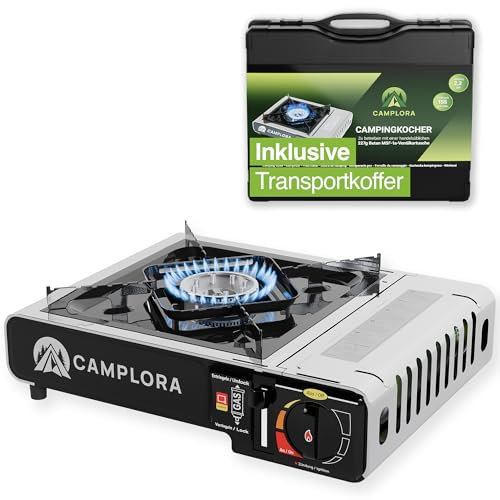 CAMPLORA Gaskocher + Tragekoffer mit Piezozündung - Campingkocher 2,2 kW - inkl. Sicherheitsabschaltung - Gaskocher Camping, Camping Kocher 1 flammig MSF-1a