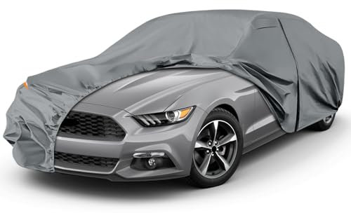 Autoabdeckung Wasserdicht für 2005-2025 Ford Mustang, Vollgarage Autoplane Auto Abdeckplane Winter Sommer Allwetter Outdoor Abdeckung mit Reißverschluss Tür, Windschutzbänder, Grau