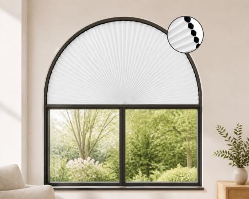 Bogen-Fensterschutz, verdunkelnd, zellulär, Wabenrollos, Halbkreis, kabellos, ohne Bohren, wärmeisoliert, UV-Schutz, einfach zu schneiden und zu installieren (Weiß, Radius: 91,4 cm, 1 Stück)