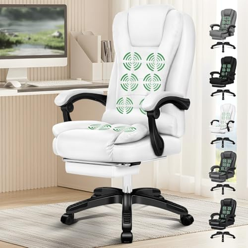 ELFORDSON Executive Office Chair with 8-Point Massage & Seat Heated, Home PC Gaming Chairs with Footrest, High Back 150° Reclining Executive Desk Chair with Padded Armrest, PU Leather, White