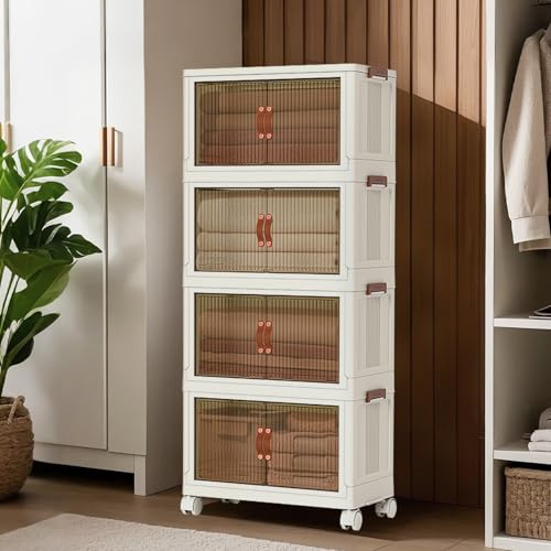 Aptliton Wardrobe Storage Organiser, 4-Tier Stackable Storage Boxes With Doors & Lid, Foldable Plastic Storage Bins On Wheels, Collapsible Closet Drawer Container for Snacks, Clothes, Toys