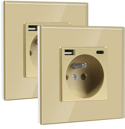 BSEED Prise Murale avec USB et 1 Type C,16A Prise de Courant Alternatif avec Panneau en Verre,Multiprise Murale Max 2.1A,Convient au Smartphone, à la Tablette (2 Pack avec USB et Type C,Or)