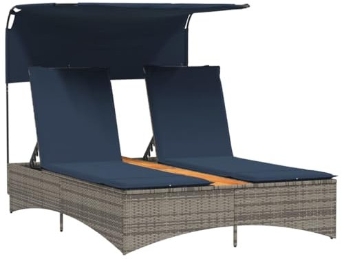 vidaXL Doppel-Sonnenliege mit Dach und Kissen Grau Poly Rattan