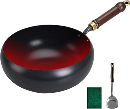 Padella in ferro giapponese – 2025 antiaderente fatta a mano, in puro ferro, 24/28 cm, con coperchio in legno o copertura in vetro, per cucina, induzione, fornelli elettrici e a gas (24 cm senza