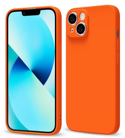 Svaove for iPhone 13 Phone Case Liquid Silicone, Thin Ultra Slim Minimalist Phone Cover, Girly Cute Plain Bright Solid Color Matte Soft Rubber Jelly Gel Plastic TPU Bumper, Neon Orange