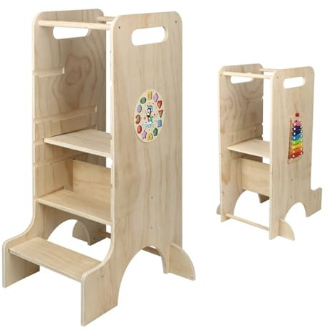 Tour d'apprentissage pour Enfants, Montessori Learning Tower avec Tableau Noir, 3 en 1 Pliable Multifonctionnelle Tour d Observation, Tour d'apprentissage à partir de 1 an