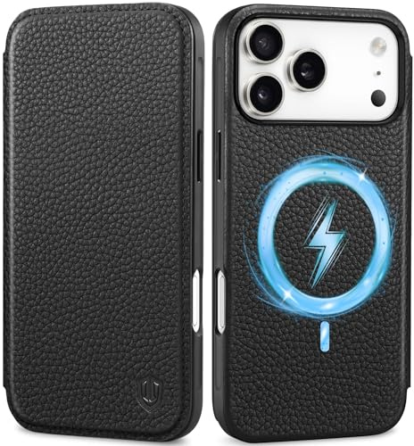 SHIELDON Slim Schutzhülle für iPhone 17 Pro Max 6,9 2025, Litschi Schwarz | Rindsleder, Kabelloses Laden, 3 Kartenfach, RFID Blocker, Handy-Ösen, TPU Case, Handyhülle, Lederhülle