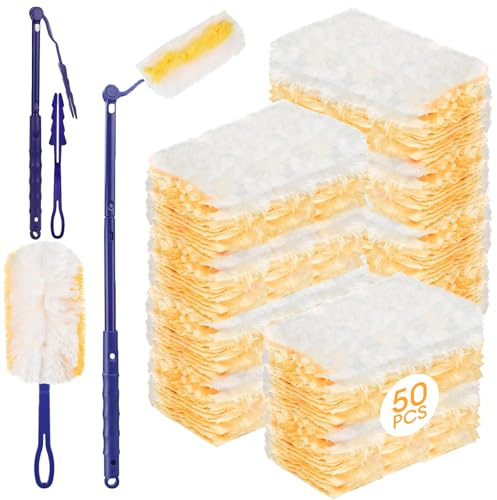 50 PCS Flash Dust Magnet, Flash Dust Magnet Refills, Disposable Duster Heads With 2 Handle, Strong Electrostatic Dust Removal For Home Car Cleaning, Office Use(Yellow)