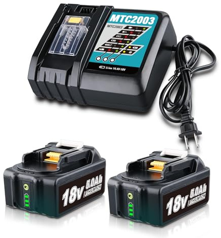 PERSEVER 1 Pack 18V 5000mAh BL1860B Lithium Battery and DC18RC Charger Compatible with Makita 18V Batteries BL1850B BL1840 BL1850B-2 BL1845 BL1830 BL1820 BL1815 LXT-400 with LED Charge Indicator