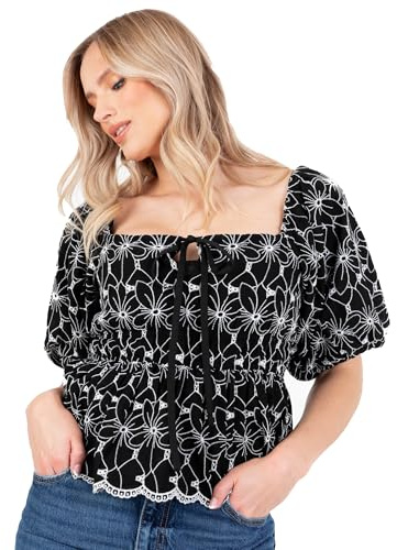 Lovedrobe Women's Milkmaid Blouse Ladies Peasant Top Square Neck Short Puff Sleeve Broderie Anglaise Elasticated Waist Boho Peplum, Black 16