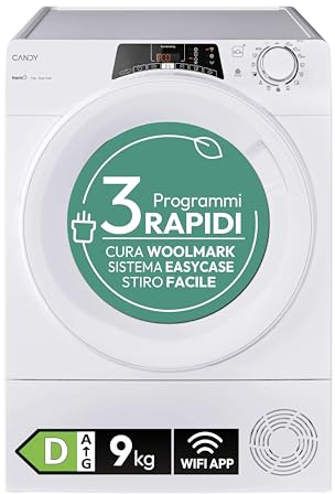 Candy Rapidò Asciugatrice a Pompa di Calore 9 Kg, Classe D, Bianco | App hOn, Libera Installazione, 40 Programmi, 66 dB, Ciclo Refresh, Cicli Rapidi, Woolmark, Wi-Fi, RO EH9N2TE-S