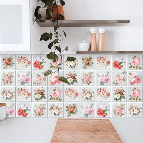 Mosaikfliesen Rosa Grün Blumen Klebefliesen Küche Bad Wasserabweisend Abriebfest PVC Fliesensticker Easy to Install Tile Sticker Kamin Fliesenaufkleber 10x10 cm/ 10 Stück