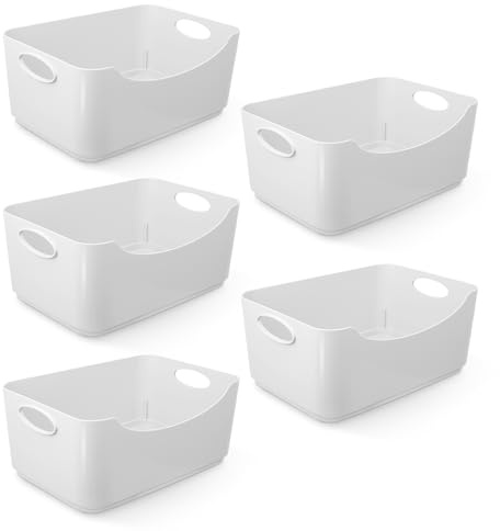 KEPLIN 5 Pack Plastic Storage Baskets with Handles, BPA-Free Dishwasher Safe Organiser Boxes for Kitchen, Bathroom, Pantry, Shelves & Drawers, Lightweight Space-Saving Containers, 22.3 x 14.8 x 10 cm