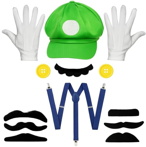 JcvPot Mario und Luigi Kostüm Erwachsene, Super Mario Kostüm Herren mit Hosenträger, Verkleidung für Halloween und Cosplay Events, 13-teiliges Rollenspiel Kostüm Set für Karneval und Themenpartys