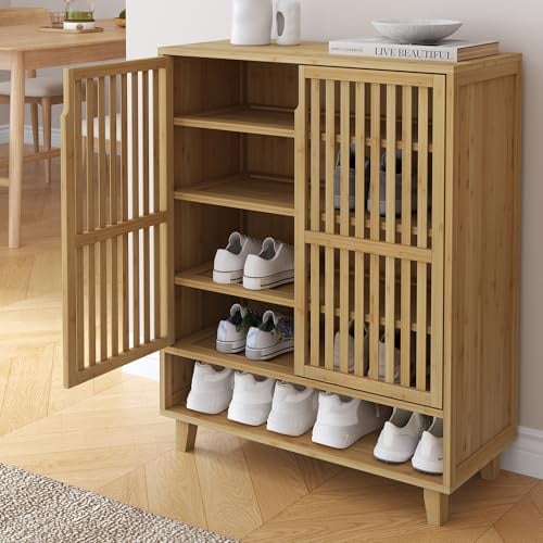 [en.casa] Schuhschrank Sirgerg Schuhregal 91 x 72 x 35 cm Schuhaufbewahrung mit 2 Türen und 4 Ablagen Aufbewahrungsschrank für Flur Schlafzimmer Badezimmer Bambus Natur