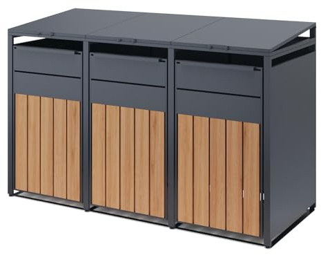 OMERAI Triple Wheelie Bin Storage for 60-240 L,Weather-Resistant Outdoor Garden Bin Hideaway with Assisted Lift Lid Easy Use,Powder-Coated Steel Anthracite with Walnut Brown Doors