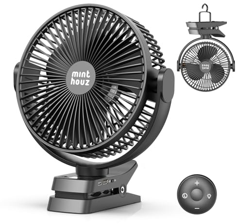 Minthouz 8 Zoll Clip Ventilator, 10000mAh USB Tischventilator Schwarz 20 cm | 5 Stufen, 29 Stunden Laufzeit, Fernbedienung und LED-Anzeige, Tragbarer Ventilator für Home Kinderwagen und Camping