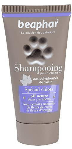 BEAPHAR – Shampoing premium pour chiot – Aux polyphénols de raisin, aux extraits naturels de fleurs de coton & fleurs d’oranger – Nettoie et laisse un pelage parfumé – pH neutre & sans parben – 30ml