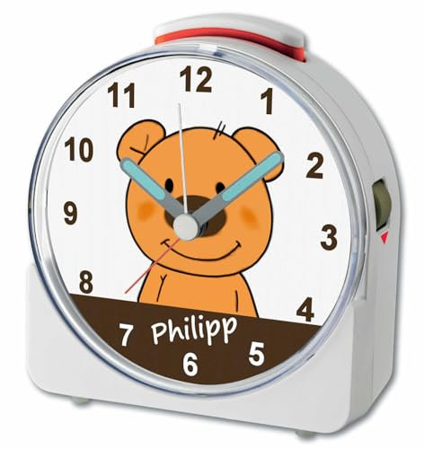 CreaDesign, WU-71-1021, Teddy Bär, analog Kinderwecker weiß, Funkwecker mit Sweep-Uhrwerk und fluoreszierenden Zeiger und Licht, personlisiert mit Namen, 10,2 x 4,6 x 11 cm