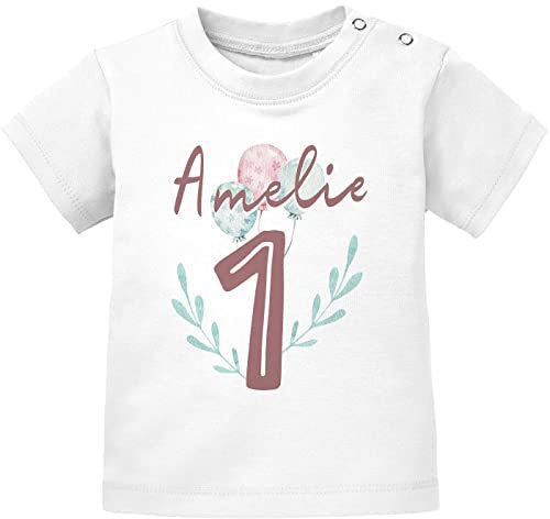 SpecialMe® personalisiertes Baby T-Shirt Name Zahl 1 Alter 2 Geburtstagsshirt Mädchen 1 weiß 80/86 (10-15 Monate)