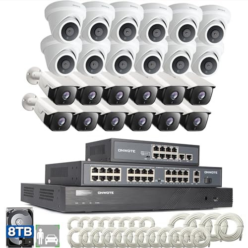ONWOTE 32 Channel Security Camera System PoE, 12MP 32CH NVR 8TB, 32 Ports Switch, 24x 6MP Outdoor Audio PoE IP Cameras, AI Human Vehicle Detection, 24x Cables-2280ft, Commercial CCTV for Business