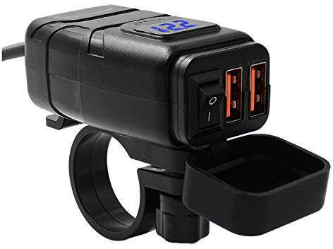 Beedove Motorcycle USB Charger, QC3.0 Quick Charge 12v USB socket, with Voltmeter Display and Switch Waterproof Motorbike Phone Charger for Motorbike/Car/Boat/Campervan/Caravan (Blue)