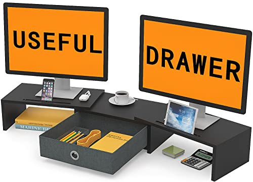 WESTREE Dual-Monitor-Ständer mit Schublade, verstellbare Länge und Winkel, Monitor 2 Halterungen für Telefon und Tablet, Desktop-Organizer-Ständer für Computer/Laptop/PC/Drucker
