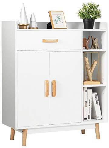 COSTWAY Sideboard Storage Cabinet, Freestanding Wooden Bookcase with Drawer and Adjustable Shelves, Home Hallway Entryway Display Organiser Cupboard (White)