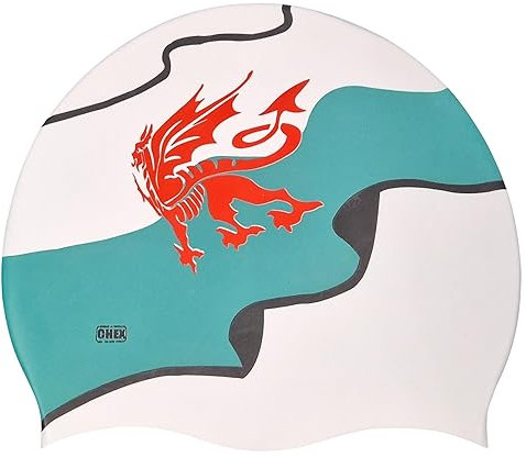 CHEX Bonnet de bain une pièce unisexe en silicone extensible - Motif drapeau du Pays de Galles - Blanc - Vert - Rouge - Noir - Taille unique pour adultes