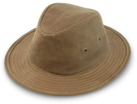 fiebig Milton Traveller Hut aus Waxed Cotton | Crushable Outdoorhut mit Metallösen Luftlöchern | Regenhut mit Futter Made in EU (57-M, Camel)