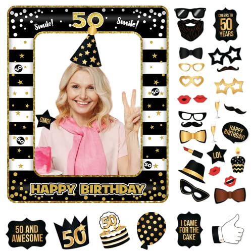 50th Foto Requisiten und aufblasbarer Rahmen,34 Stücke Fotobox Accessoires Fotokabine für 50.Geburtstagsfeier,Party Foto Booth Props Mix von Kappen,Weinglas,Lippen Stift,Krawatte,Kronen und mehr