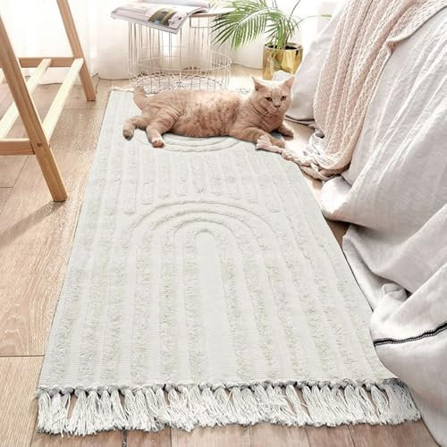 LEEVAN Boho-Läufer, waschbar, 60x150 cm, gewebter Schlafzimmerteppich, Beige Baumwolle, Bauernhaus, Küchenteppiche mit Quasten, Läufer für Badezimmer/Waschküche/Wohnzimmer, Akzentteppich