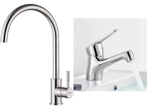 GRIFEMA GRIFERÍA DE COCINA-G4008 Rubinetto da Cucina in Acciaio Inox con Bocca Alta & Ibergrif Miscelatore Monocomando Bagno con Flessibili Acqua Calda Fredda 3/8 Pollici da 40 cm