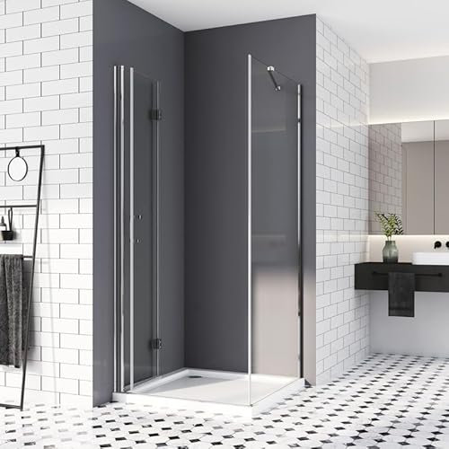 duschkabine 90x75,Duschtür mit seitenwand Falttür Eckeinstieg Duschabtrennung 180º Duschwand 6mm ESG Sicherheitsglas mit Nano-Beschichtung 195cm