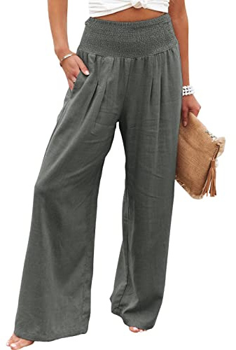 Loalirando Women Cotton Linen Pants Casual Loose Solid Color Beach Pants Elastic High Waist Wide Leg Palazzo Yoga Lounge Trousers with Pockets (Grey, S)
