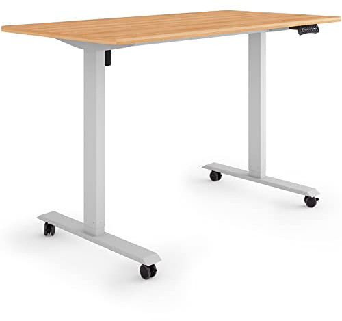 ESMART ETX-121GM elektrischer Steh-Sitz-Schreibtisch auf Rollen | 140 × 70 cm, Ahorn-Dekor, Höhe 78,5–128,5 cm, 3 Speicherplätze, Aktivitätserinnerung, Soft-Start/-Stopp
