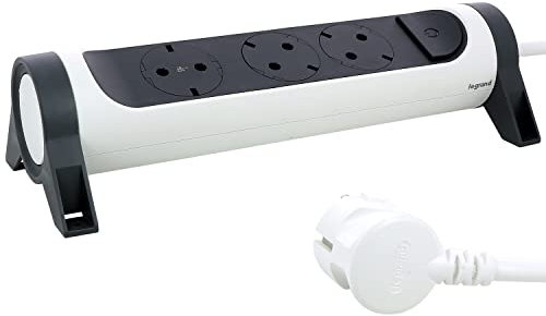 LEGRAND, Drehbare Steckdosenleiste, 3-fach Steckdose, Mehrfachsteckdose, Wand- oder Tischmontage, LED-Ein/Aus-Schalter, 3m Kabel, Ultraweiß/Dunkelgrau, 694535