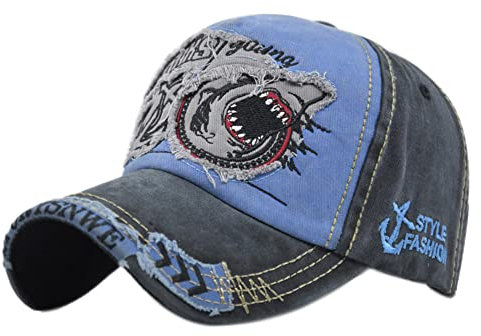 YULOONG Vintage Baseball Cap Denim Bestickter Haifisch Trucker Hut Retro Sonnenhut mit ausgefransten Kanten 100% Baumwolle Outdoor Cap Unisex C