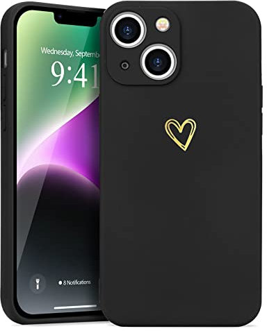 Wirvyuer Kompatibel mit iPhone 14 Handyhülle Mädchen Hülle Gold Liebesherz Weich Silikon Case Süßes Gold Love Slim Stoßfest Schutzhülle für iPhone 14 Schwarz