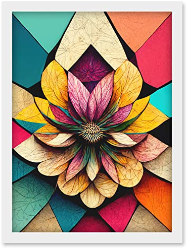 Doppelganger33 LTD Geometric Floral Mandala Bright Multicoloured Shapes Artwork Framed Wall Art Print A4