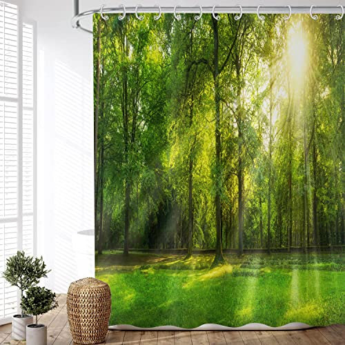 ASDCXZ Shower Curtain Forest 90x180 cm, Natural Landscape Green Forest Sunshine Motif Waterproof Textile Bath Shower Curtains Washable Polyester Fabric Shower Curtain for Bathtub with 6 Hooks