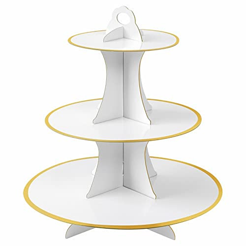 Soleebee Soporte para tartas de cartón, 3 niveles, soporte para cupcakes, soporte para torre de postres, soporte para magdalenas, panecillos (1 unidad, blanco y dorado)