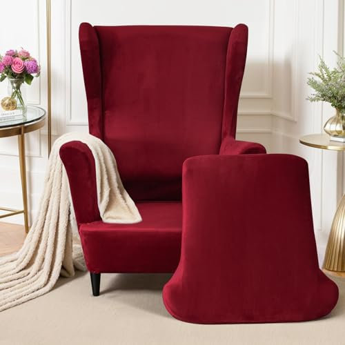 Mingfuxin Ohrensessel Überzug, 2-Teiliges Set Stretch Ohrensessel Kissen Sofa Schonbezüge, Samt Sessel-Überwürfe Flügel zurück Sesselbezüge Möbelschutz für Wohnzimmer Schlafzimmer Hotel (Weinrot01)