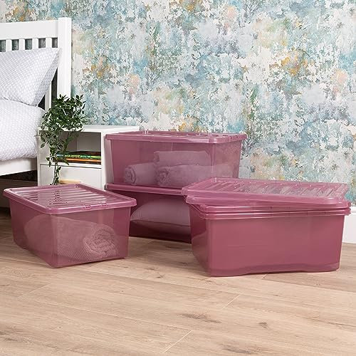Wham Crystal 5x 45L Plastic Storage Boxes with Lids Tint Dusky Orchid (Pink). Medium Size, Strong (Pack of 5, 45 Litre). Made in the UK